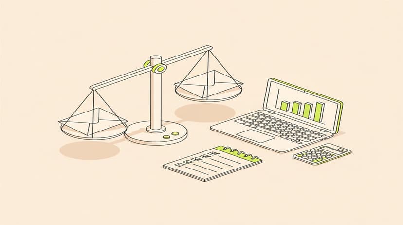 Isometrische illustratie van twee e-mails op een weegschaal, met een laptop met staafdiagrammen, een rekenmachine en een checklist