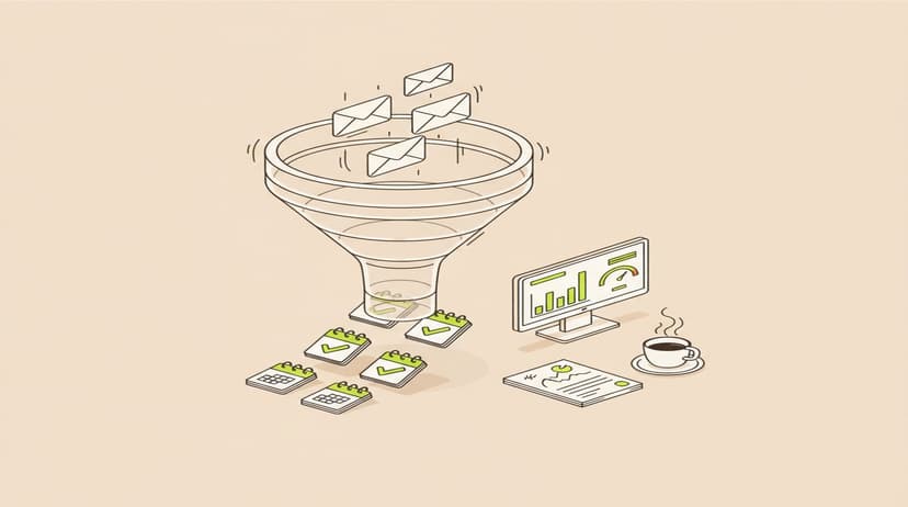 Isometrische illustratie van een trechter waar e-mails in vallen en geboekte agenda-afspraken uit komen, met een dashboard met grafieken ernaast