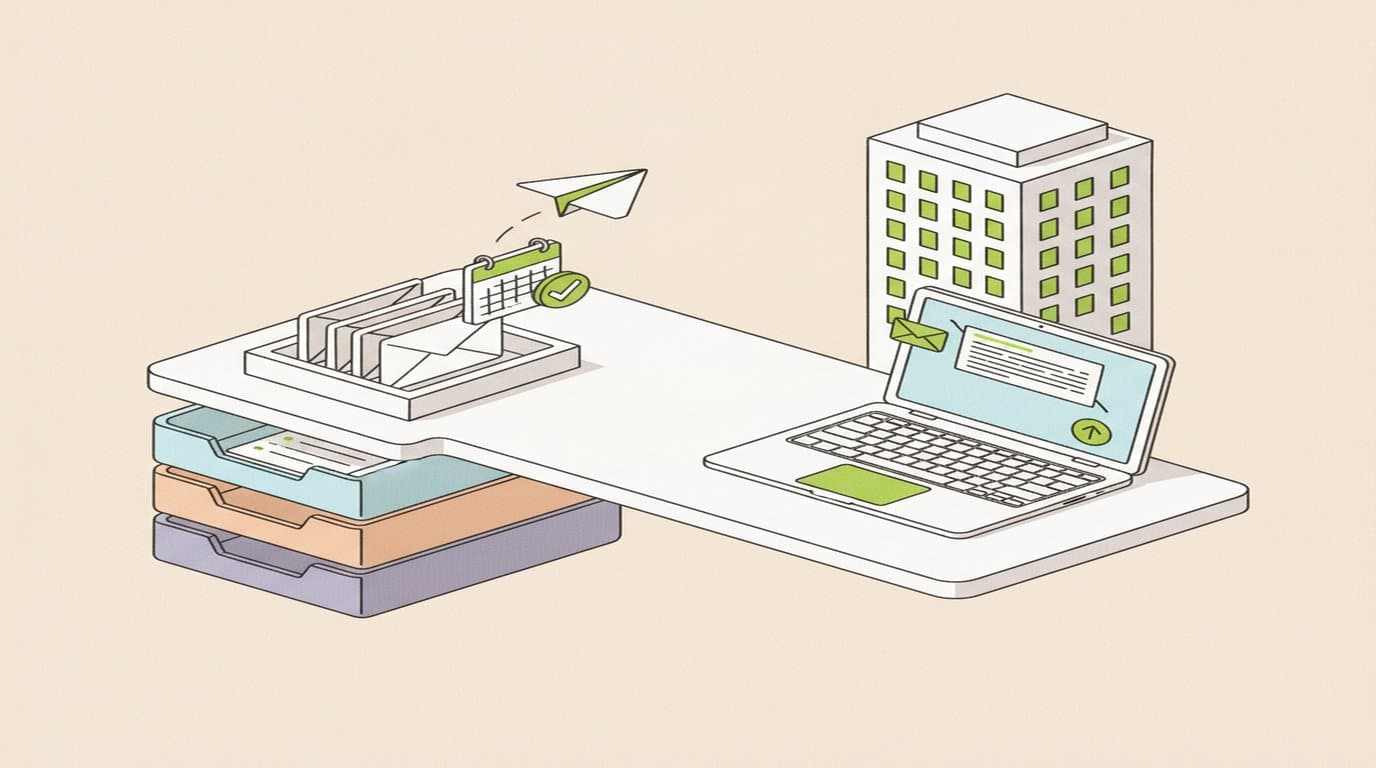 Isometrische illustratie van een bureau met postbakken die binnenkomende e-mails sorteren, een agendakaart met vinkje en een laptop met een e-mailgesprek