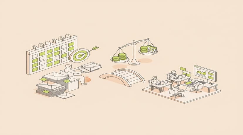 Isometrische illustratie van een ondernemer die acquisitiewerk overdraagt aan een extern team, met een volle agenda en een weegschaal tussen kosten en resultaat