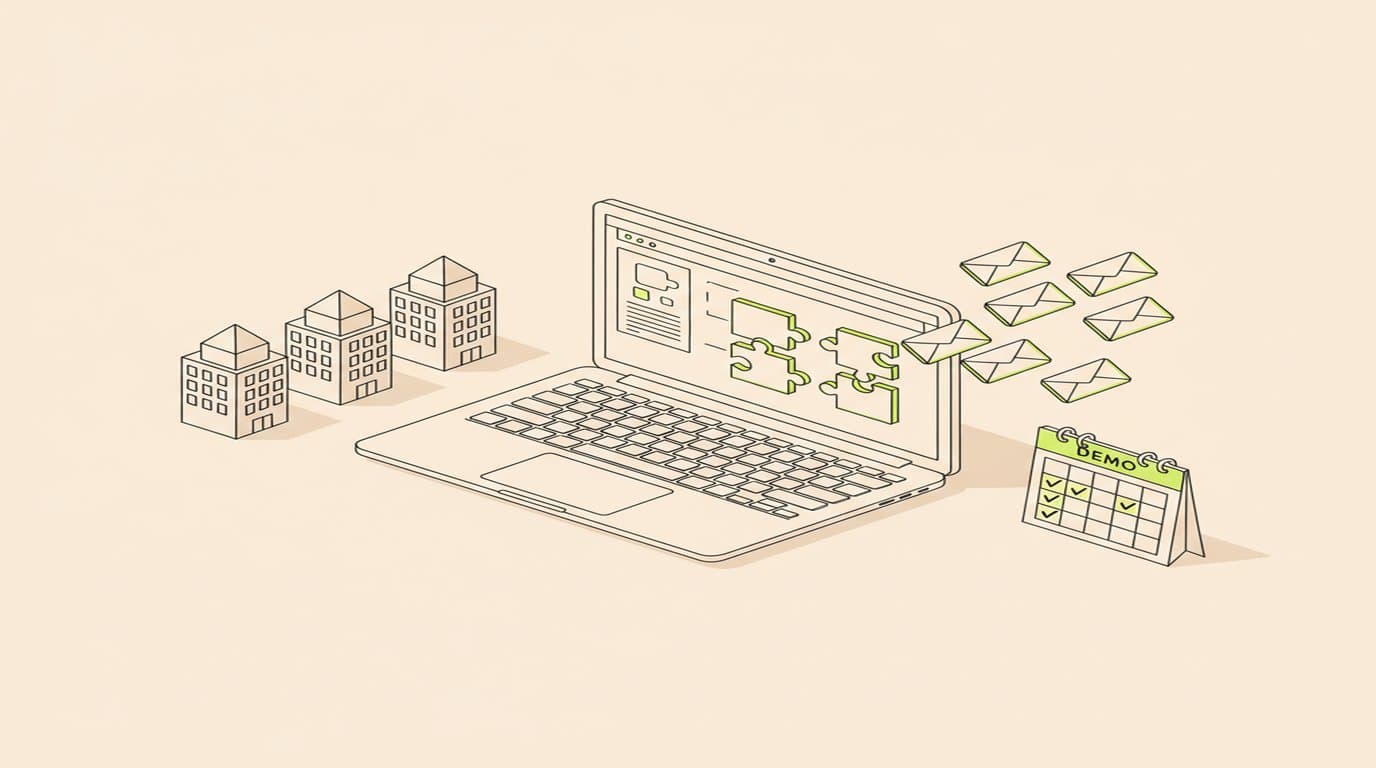 Isometrische illustratie van een laptop met softwarekoppelingen als puzzelstukjes, e-mails richting kantoorpanden en een agenda met geboekte demo's