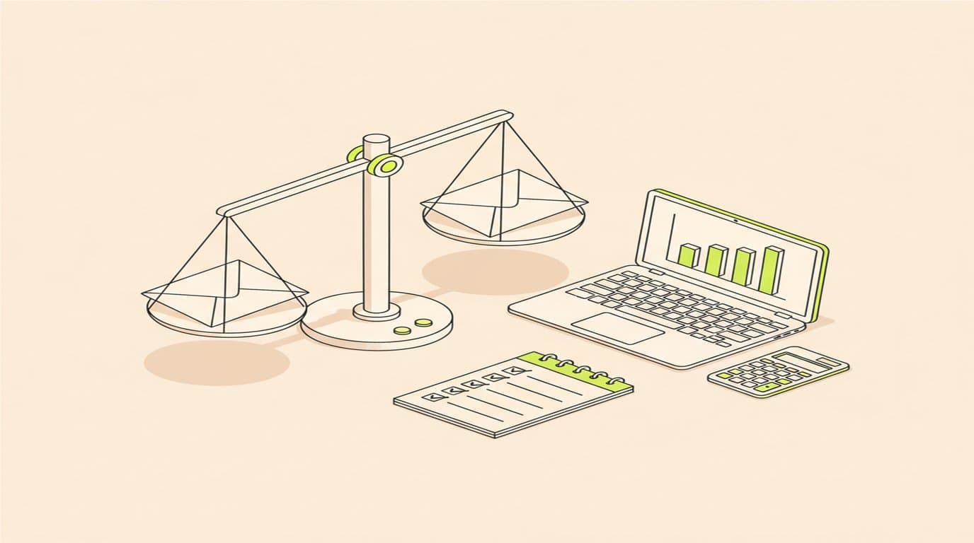Isometrische illustratie van twee e-mails op een weegschaal, met een laptop met staafdiagrammen, een rekenmachine en een checklist