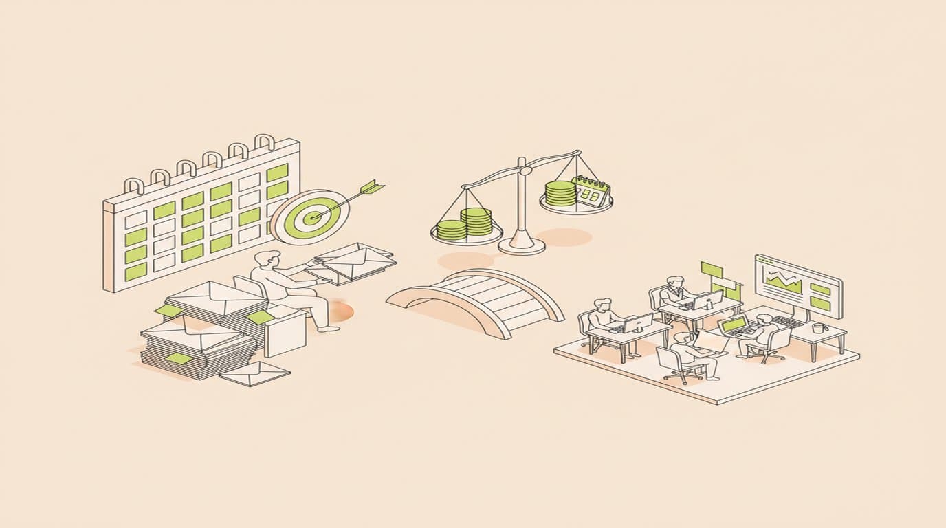 Isometrische illustratie van een ondernemer die acquisitiewerk overdraagt aan een extern team, met een volle agenda en een weegschaal tussen kosten en resultaat